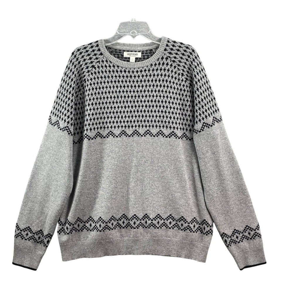 Goodthreads Lambswool Sweater Mens XL Gray Fair Isle Knit Crewneck Pullover
